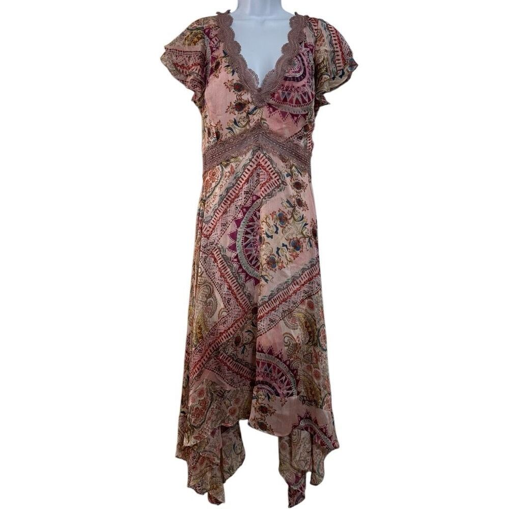 Guess Blush Pink Paisley Floral Lace Trim Handkerchief Hem Midi Boho Dress L - Picture 1 of 8